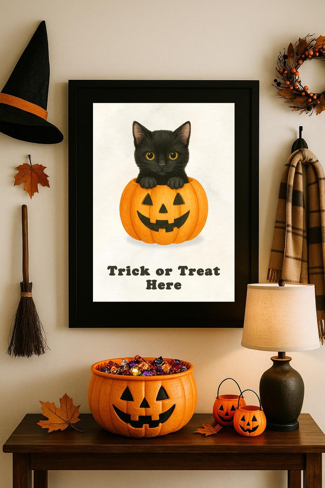 Black Cat Halloween Poster – Trick or Treat Pumpkin Wall Art (digital ...