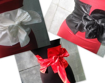 Elegant satin belt corset with satin ribbon in black, white and red, accessory, belt,