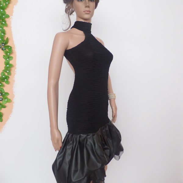 robe noire à dos nu et cuir, robe élégante, robe de soirée, robe inhabituelle, unique, robe de designer