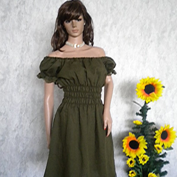 Robe vert olive avec épaules, manches courtes avec dentelle,