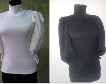 Elegante Damenbluse schwarz oder weiß mit Polo- und Büffelärmeln, Damenbekleidung, Kleidung, langärmelige Bluse