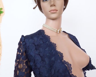 Elegant ladies lace bolero, beautiful bolero, dark blue bolero, formal bolero made of dark blue bruxel lace.