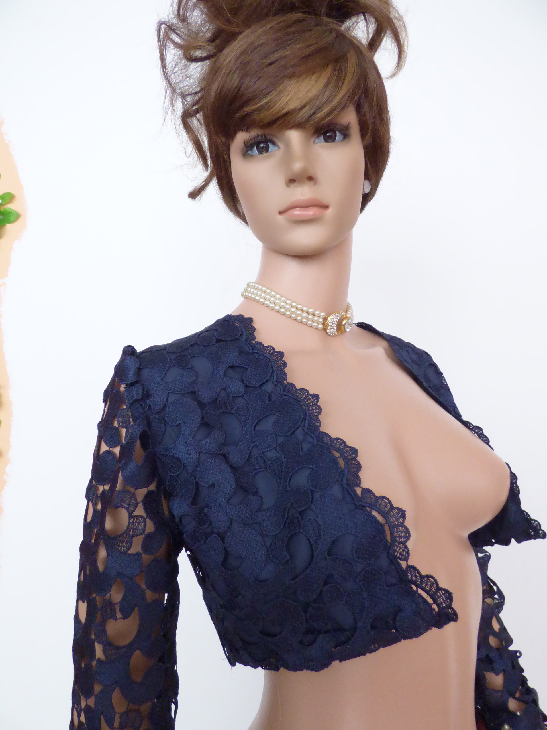 Eleganter Damen Spitzen Bolero, schöner Bolero, dunkelblauer Bolero, formeller Bolero aus dunkelblauer Buxelspitze