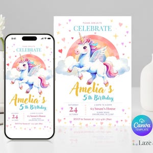 Modello modificabile per invito di compleanno a tema unicorno / Invito per festa a tema arcobaleno pastello / Download digitale Canva / Compleanno magico a tema unicorno