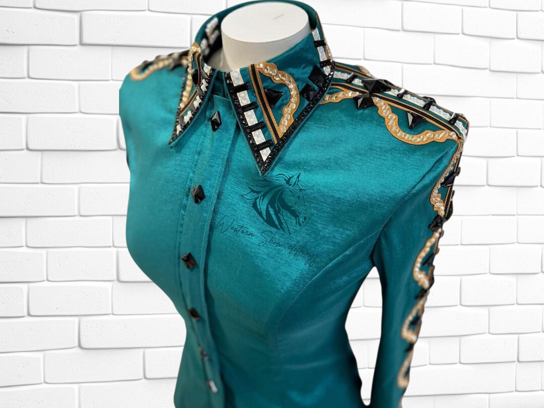Handmade Western Show Shirt, Rodeo Queen Rail Teal Shirt Embellishments ...