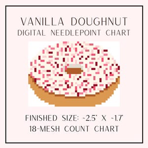 May include: A digital needlepoint chart titled VANILLA DOUGHNUT DIGITAL NEEDLEPOINT CHART featuring a pixelated doughnut with white icing and pink sprinkles. The text states FINISHED SIZE: ~2.5" X ~1.7" and 18-MESH COUNT CHART.