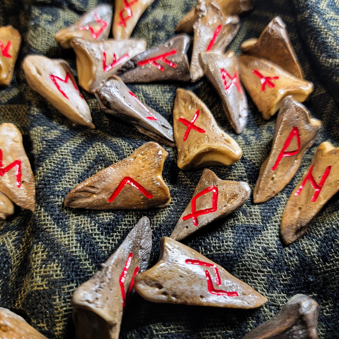 Bone Runes Set - Elder Futhark Runes - Handmade Rune Set and Bag - Aged ...