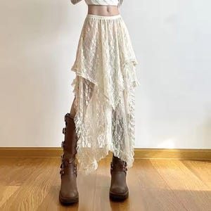Deeptown Lace Asymmetrical Skirt Fairycore Women Vintage Y2K Boho Aesthetic Fashion High Waist Mid Skirts Lady Holiday Outfits