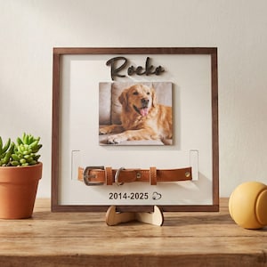 Pu&ograve; includere: Una cornice commemorativa per animali domestici con una foto di un golden retriever, un collare in pelle marrone e il nome "Rocks". La cornice include gli anni 2014-2025 e un'impronta di zampa.