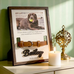 May include: A framed pet memorial with a brown dog photo, a leather collar, and the name "Bailey" with dates. The frame is brown, and the background is white. Text reads "If love alone could have kept you here, you would have lived forever."
