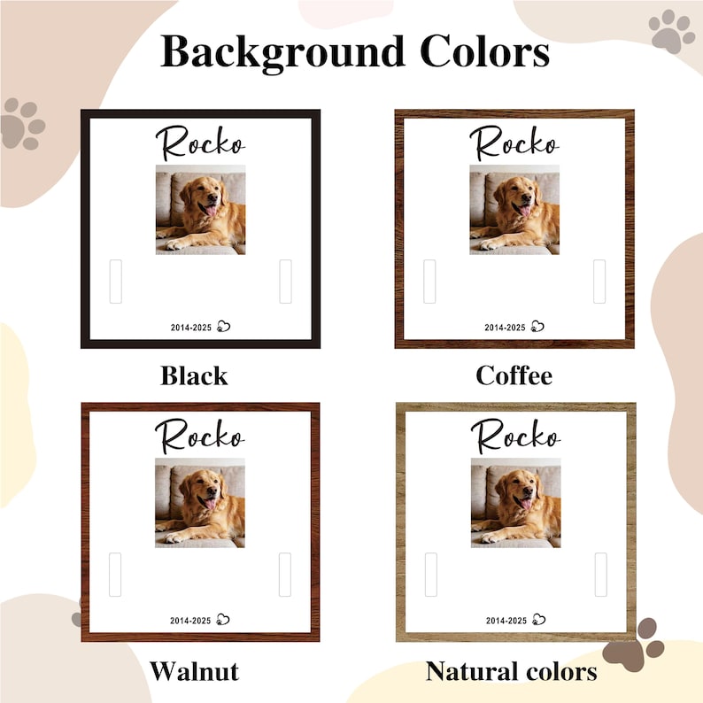 Pu&ograve; includere: Foto incorniciata di un cane golden retriever di nome Rocko, disponibile in cornici nere, caff&egrave;, noce e colori naturali. La foto include il testo "2014-2025".