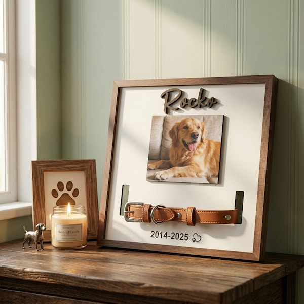 Placa de homenagem para coleira de animal de estimação, presentes personalizados em memória de cães, moldura de madeira para homenagem a cães com suporte para coleira, presente de condolências para quem perdeu um cão.