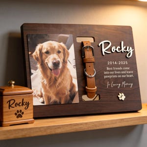 May include: A wooden pet memorial frame with a photo of a golden retriever, a leather collar, and the name "Rocky". The frame includes the years 2014-2025, a paw print, and the text "Best friends come into our lives and leave pawprints on our heart."