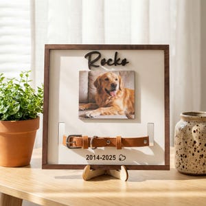 Pu&ograve; includere: Cornice commemorativa in legno per animali domestici con foto di un golden retriever. La cornice include il nome "Rocko", un collare in pelle e gli anni 2014-2025. La cornice &egrave; esposta su un supporto in legno.