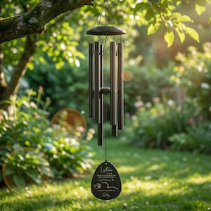 May include: A black wind chime hanging from a tree branch in a garden. The chime has several long, cylindrical tubes and a decorative oval-shaped pendant with text that reads "Listen to the wind and know I am near..." and the name "Ruby".