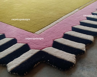 Handmade Wool Area Rug | Olive, Pink & Striped Border