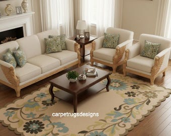 Floral Wool Rug: Beige, Blue & Green Scallop Border