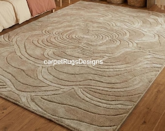 Hand-Tufted Floral Wool Rug | Modern Embossed Beige Carpet