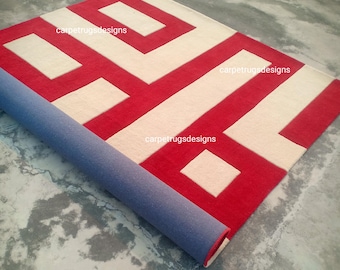 Modern Geometric Area Rug, Red and Beige Carpet, Contemporary Living Room Rug, Handmade Wool Floor Rug, Abstract Pattern Carpet