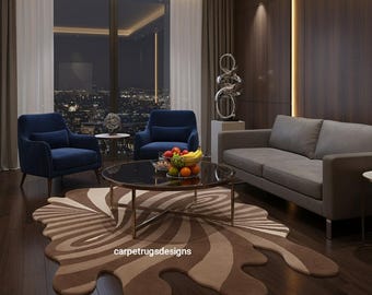 Irregular Melting Swirl Rug – Modern Abstract Wool Cut Pile in Brown & Beige