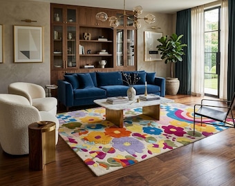 Colorful Floral Rainbow Hand Tufted Rug | Modern Kids Room Rug | Wool Area Rug | Boho Nursery Carpet | Vibrant Flower Pattern Rug