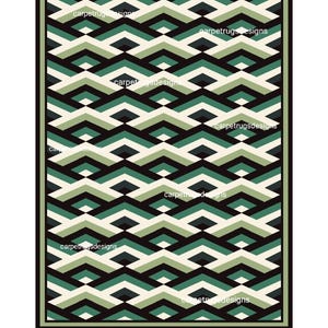 May include: Geometric patterned rug with a repeating design of green, black, and cream-colored diamond shapes. The rug has a black border with a green inner border, and the text "carpetrugsdesigns" is repeated throughout the design.