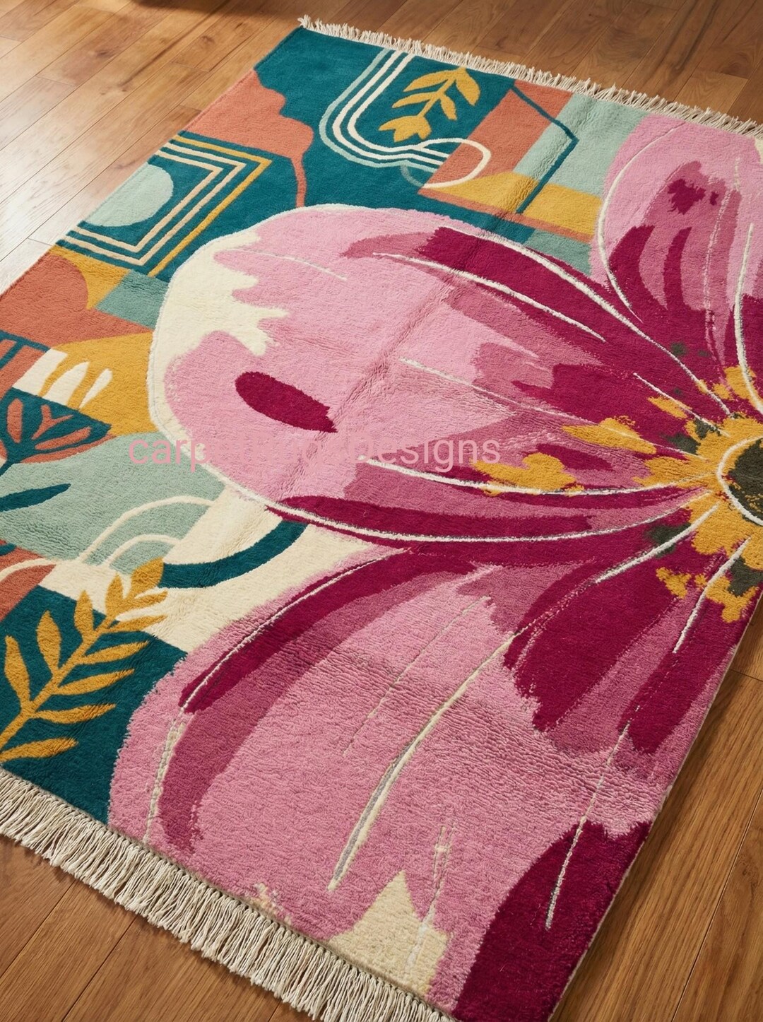 Hand Knotted Floral Abstract Rug, Modern Pink Flower Wool Rug ...