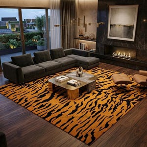 May include: A modern living room featuring a large, dark gray sectional sofa, a patterned rug with orange and black tiger stripes, and a gold coffee table. A leather chair and ottoman sit near the fireplace.