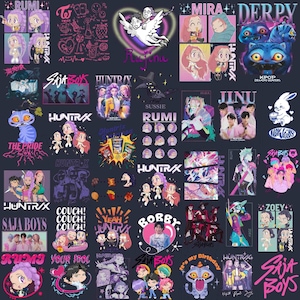 May include: A collage of various graphic designs and illustrations, featuring cartoon characters, text, and logos. The designs include the words "RUMI", "SAJA BOYS", "HUNTRAX", and "BOBBY", along with other text and imagery in a variety of colors.