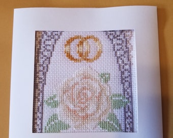 Handstitched White Rose/Rings Wedding Greeting Card