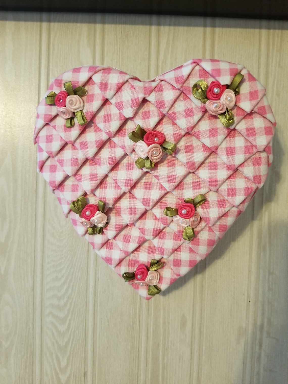 Handmade Quilted Look Heart Wall Hanging---pink Gingham With Rosettes ...