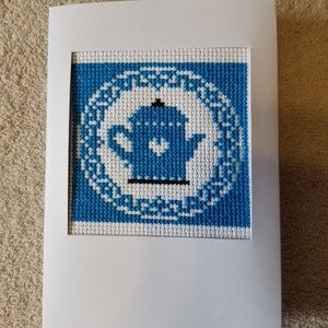 Hand-Stitched Teapot Blank Greeting Card--Blue