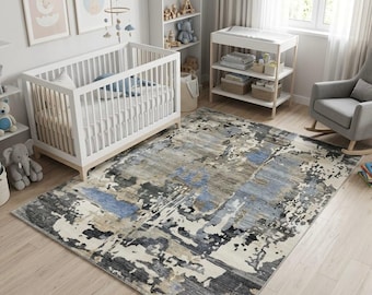 Modern Abstract Area Rug – Contemporary Blue Grey Textured Carpet | Luxury Designer Living Room Rug