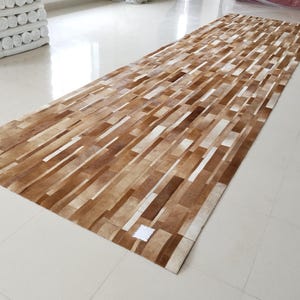 Handmade Gold Cowhide Patchwork Rug: Rustic Bohemian Calfskin Carpet