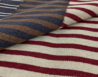 Boho Wool Dhurrie Rug – 5x8 Handwoven Carpet with Red, Beige & Brown Stripes