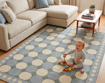 Handwoven Flatweave Wool Rug | Blue & Ivory Geometric Area Rug | Scandinavian Farmhouse Rug | Handmade Kilim Style Carpet