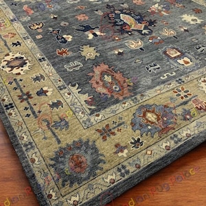 Hand-Knotted Wool Oushak Rug: Grey Beige Geometric Area Rug