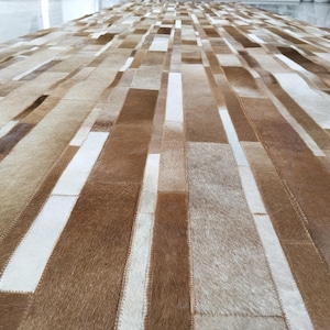 Handmade Gold Cowhide Patchwork Rug: Rustic Bohemian Calfskin Carpet