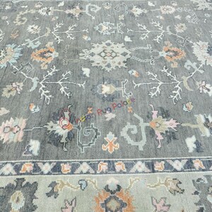 Hand-Knotted Grey Oushak Rug: Pastel Border, New Zealand Wool