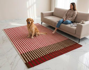 Alfombra de pasillo tejida a mano con tejido plano – Alfombra de lana a rayas rojas, alfombra de pasillo hecha a mano, alfombra de entrada moderna, alfombra de suelo bohemia reversible