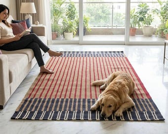Handwoven Flatweave Wool Rug – Modern Striped Area Rug, Reversible Home Decor