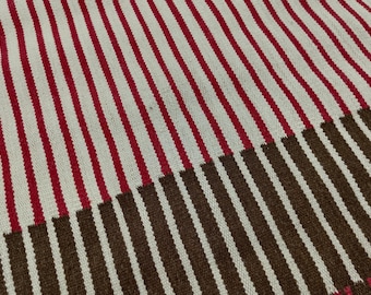 Striped Wool Dhurrie Rug – Handwoven 5x8 Boho Carpet in Red, Brown & Beige