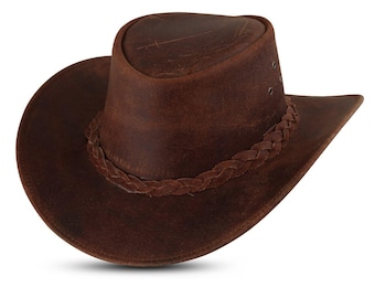 May include: A brown leather cowboy hat with a braided band around the crown. The hat has a wide brim and a slightly curved shape. The leather appears distressed, giving it a rugged look. Three small eyelets are visible on the side of the hat.