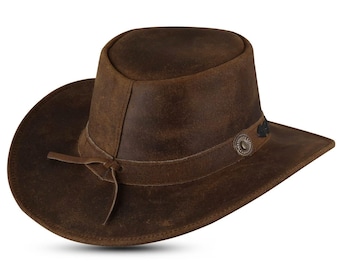 May include: A brown leather hat with a wide brim and a structured crown. The hat features a decorative band with a silver-toned button and a leather tie. The hat is designed for sun protection and outdoor activities.