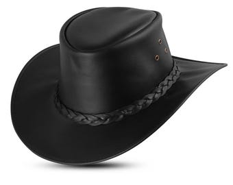 May include: A black leather hat with a wide brim and a braided band around the crown. The hat has a rounded crown and three small rivets on the side. The hat is designed for sun protection and outdoor activities.