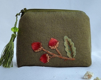 Mini Embroidered Linen Pouch: Acorn & Leaf Design, Handmade Tassel