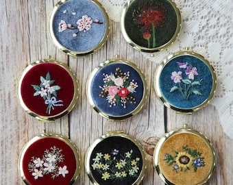 Hand Embroidered Velvet Mini Jewelry Box with Mirror, Floral Vintage Gift