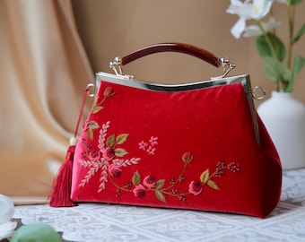 Handmade Red Velvet Embroidered Handbag: Vintage Kisslock Evening Bag, Wedding Party Purse