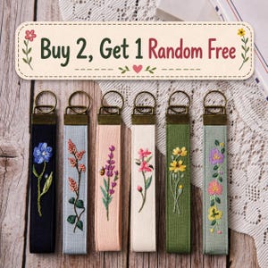 Hand Embroidered Linen Keychain, Floral Wristlet Key Fob, Botanical Fabric Key Holder, Handmade Accessory
