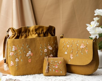 Yellow Linen Embroidered Bag Set: Floral Tote, Crossbody & Coin Pouch
